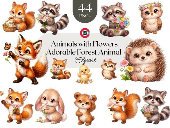 Download Woodland Adorable Animals with Flowers - Adorable animals Collection